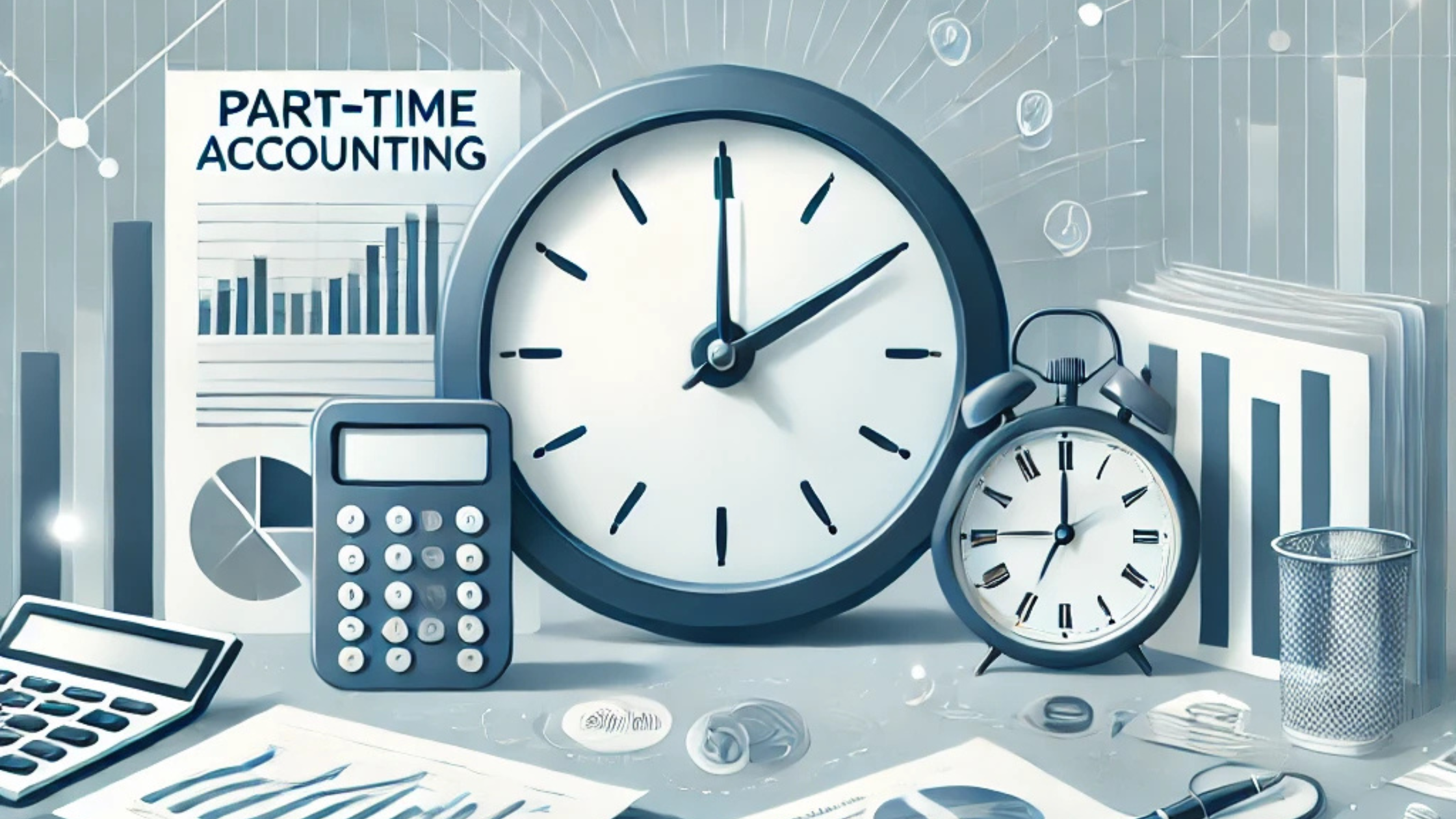 Illustration of financial management tools, including a calculator, graphs, and a laptop, symbolizing part-time accounting services for cost-effective and flexible business financial solutions.